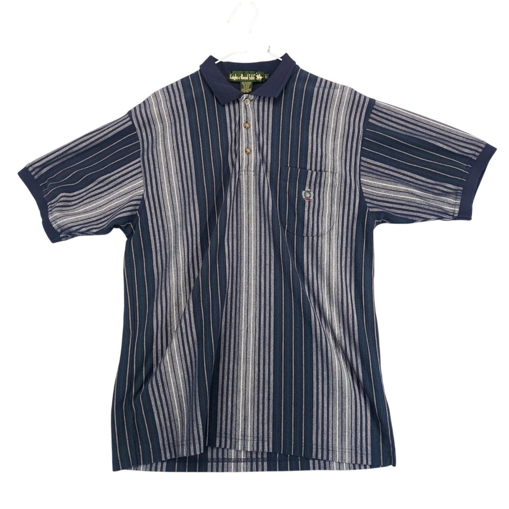 Vintage 90s Knights of Round Table Striped Polo Shirt Mens L Crest Logo Golf